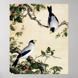 Vintage Birds on Cherry Branch Art Painting Poster