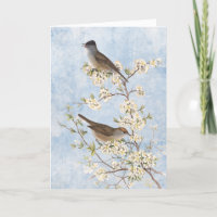 Vintage Birds on Flowering Branch Blue Sky Blank