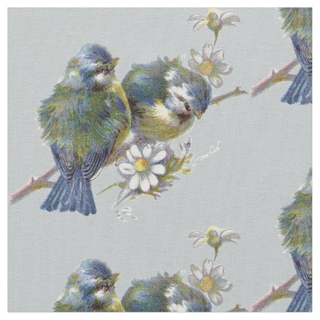 Vintage Birds on Grey Background Fabric (Close Up)