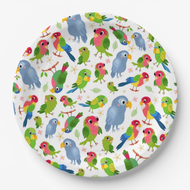 Vintage Birds Pattern, Colourful parakeet pattern Paper Plate (Front)