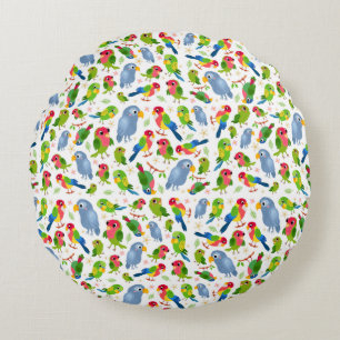 Vintage Birds Pattern, Colourful parakeet pattern Round Cushion
