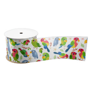 Vintage Birds Pattern, Colourful parakeet pattern Satin Ribbon