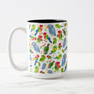 Vintage Birds Pattern, Colourful parakeet pattern Two-Tone Coffee Mug