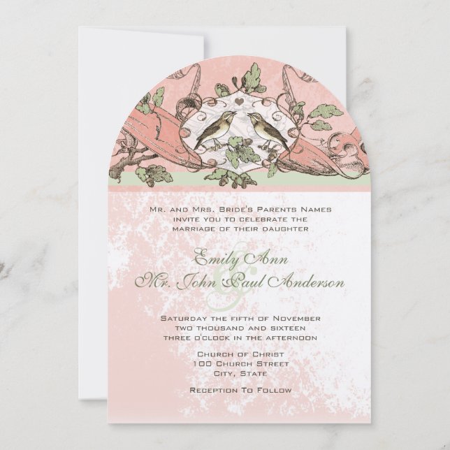 Vintage Birds Peach Oak Tree Scroll Wedding  Invitation (Back)