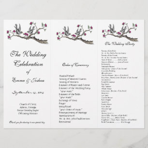 Vintage Birds Pink Floral TriFold Wedding Program