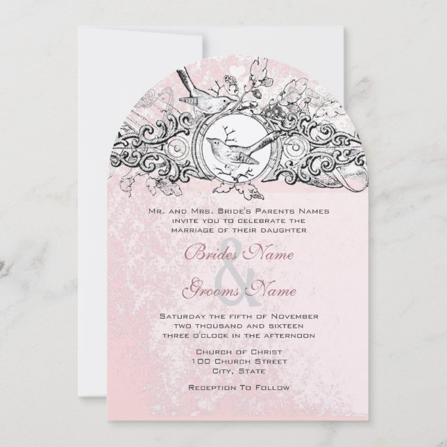 Vintage Birds Pink Musical Rustic Wedding Invitation (Back)