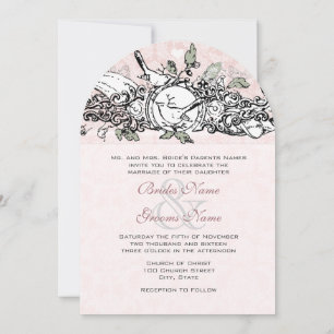 Vintage Birds Pink Musical Scroll Wedding Invites