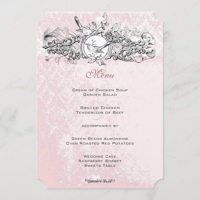 Vintage Birds Pink Musical Scroll Wedding Menu (Back)