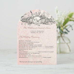 Vintage Birds Pink Musical Scroll Wedding Menu Invitation