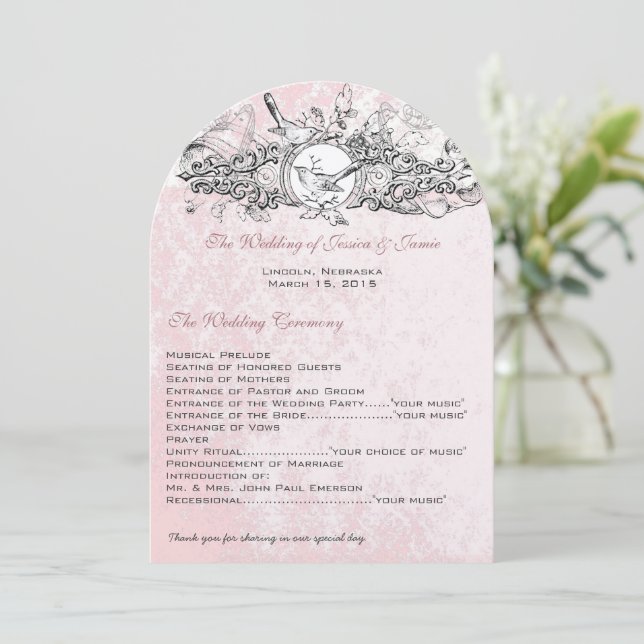 Vintage Birds Pink Musical Scroll Wedding Menu Invitation (Standing Front)