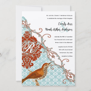 Vintage Birds Red Endive Damask Wedding Invitation
