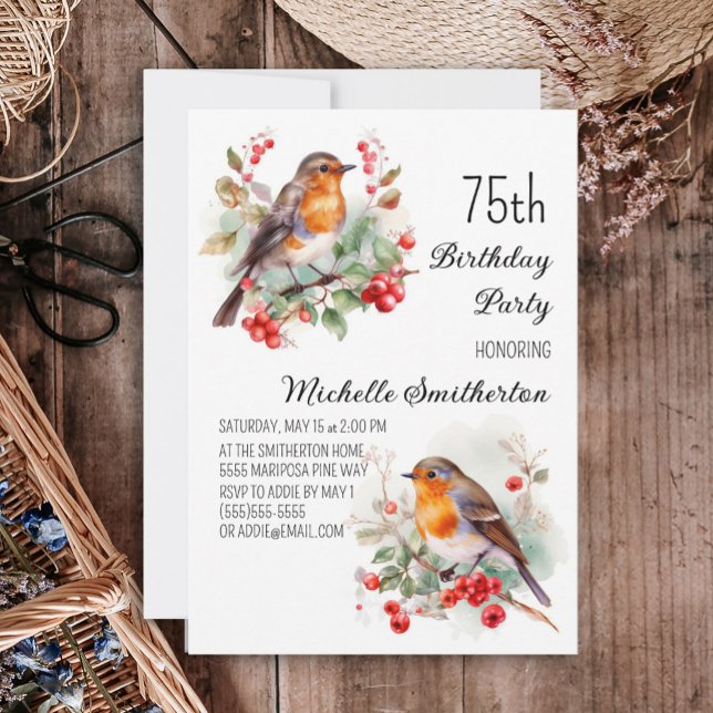 Vintage Birds Robin Redbreast 75th Birthday Invitation (Robin redbreast 75th birthday party invitation)