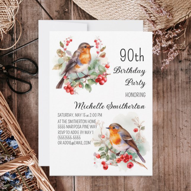 Vintage Birds Robin Redbreast 90th Birthday Invitation (Creator Uploaded)