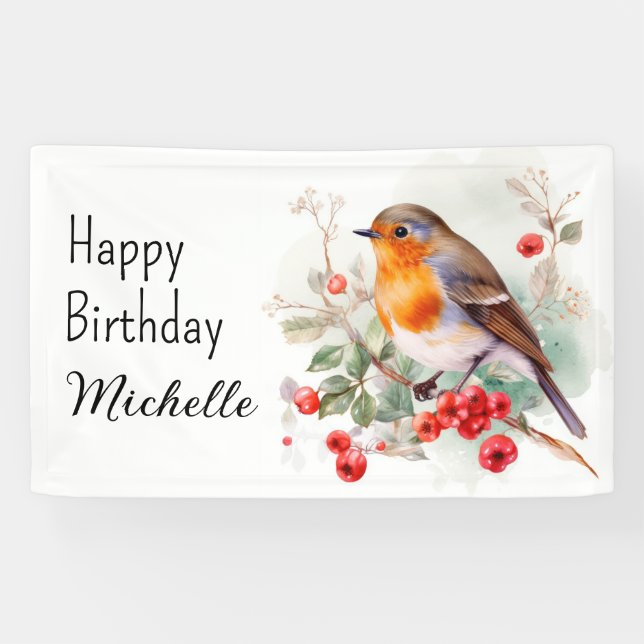 Vintage Birds Robin Redbreast Happy Birthday Name Banner (Horizontal)