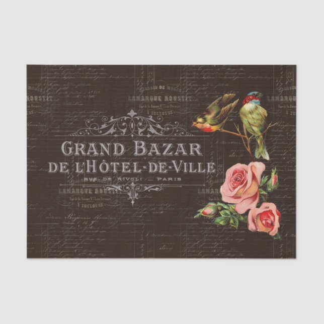 Vintage Birds Roses French Dark Tissue Paper (Front)