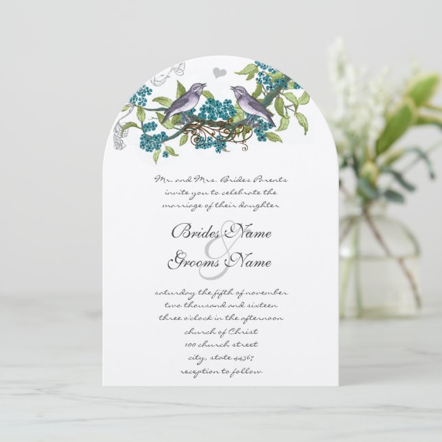 Vintage Birds Teal Purple & Green Wedding Invites (Standing Front)