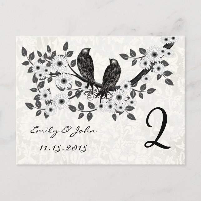 Vintage Birds Wedding Table Number Cards (Front)