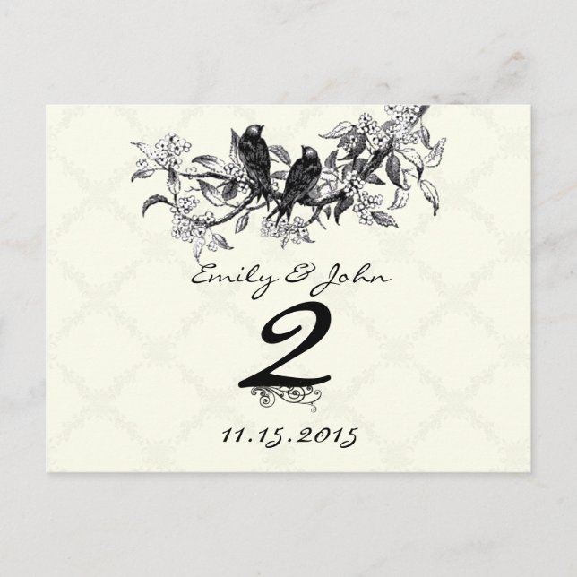Vintage Birds Wedding Table Number Cards (Front)