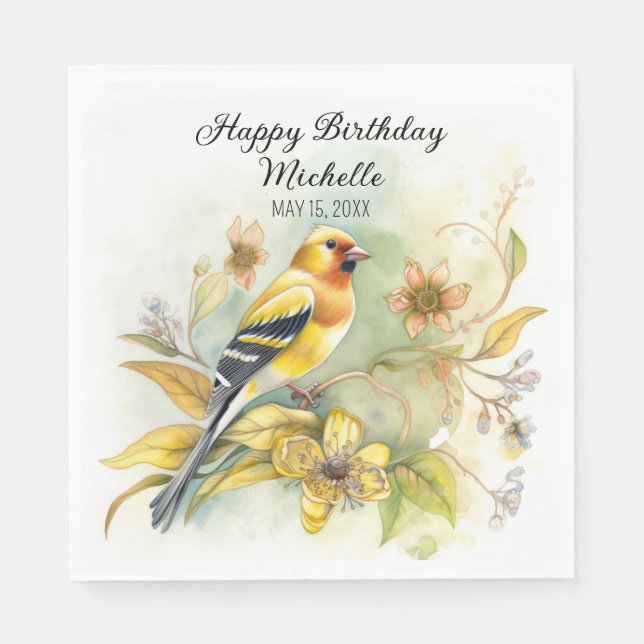 Vintage Birds Yellow Goldfinch Happy Birthday Name Napkin (Front)