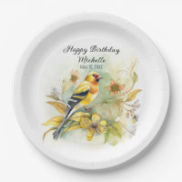Vintage Birds Yellow Goldfinch Happy Birthday Name