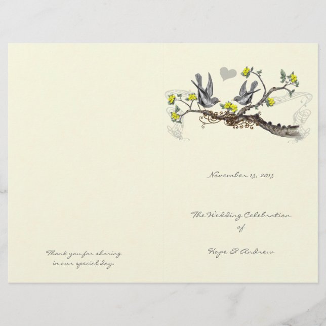 Vintage Birds Yellow & Grey Wedding Program (Front)