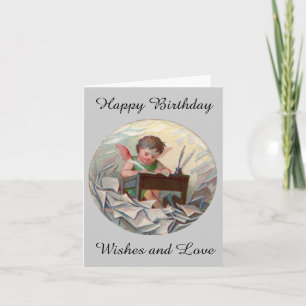 Vintage Birthday Angel Child Writing at Desk Card