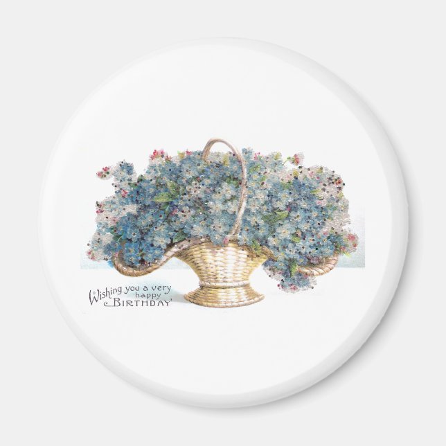 Vintage Birthday Beaded Basket of Blue Flowers Magnet (Front)
