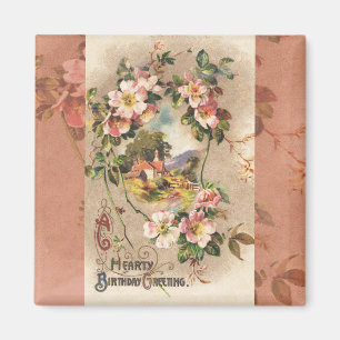 Vintage Birthday Card Greetings Floral Landscape Magnet