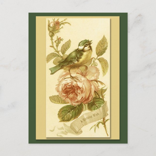 Vintage Birthday Card With Bird And Roses (Front)