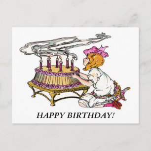 Vintage Birthday Girl with Cake Postcard