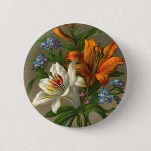 Vintage Birthday Greetings with Lily Flowers 6 Cm Round Badge