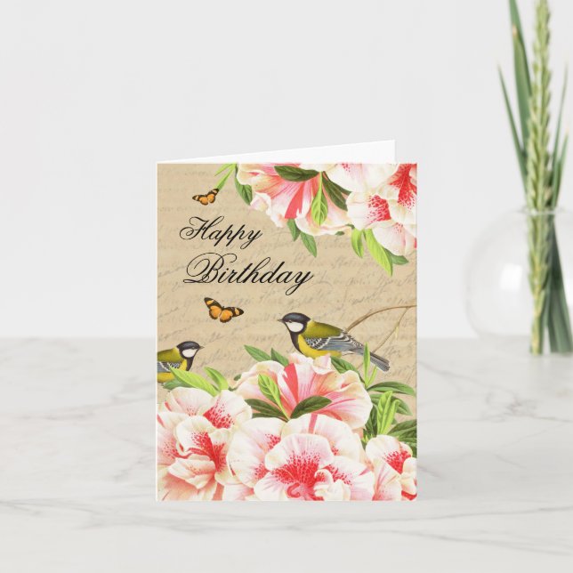 Vintage birthday note card with birds and flowers (Front)