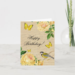 Vintage birthday note card with roses and bird