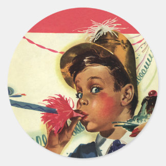 Vintage Birthday Party, Girl with Noise Maker Classic Round Sticker