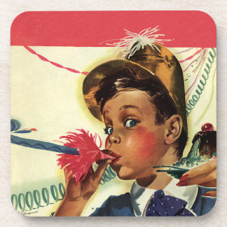 Vintage Birthday Party, Girl with Noise Maker Coaster