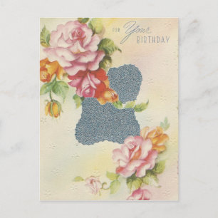 Vintage Birthday Pink Roses Postcard