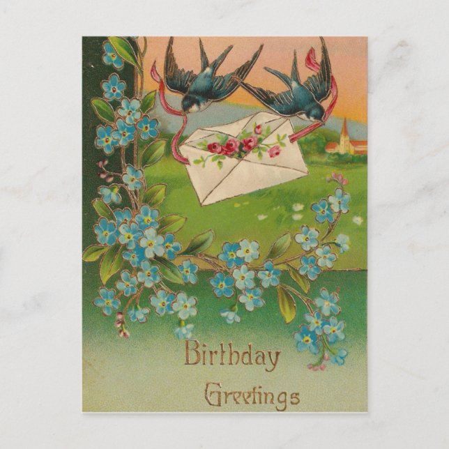 Vintage Birthday Postcard Birds and Flowers (Front)