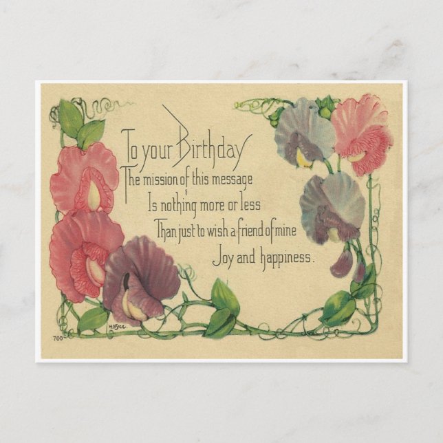 Vintage Birthday Sweet Peas Postcard (Front)