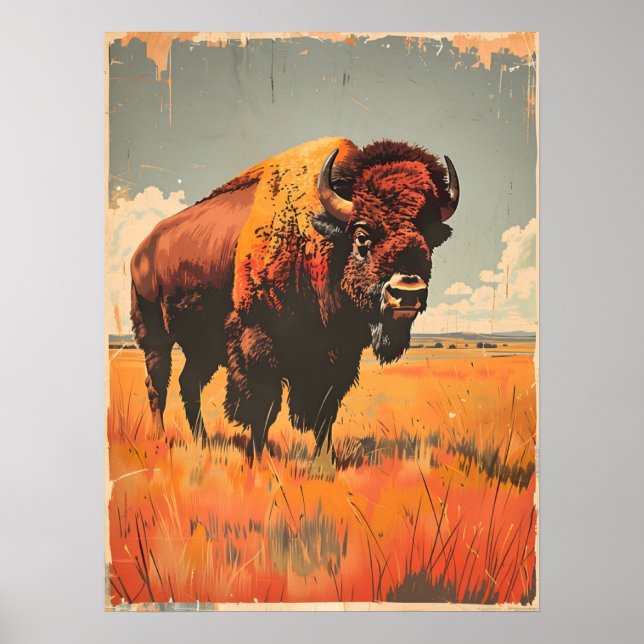 Vintage Bison Illustration Poster (Front)