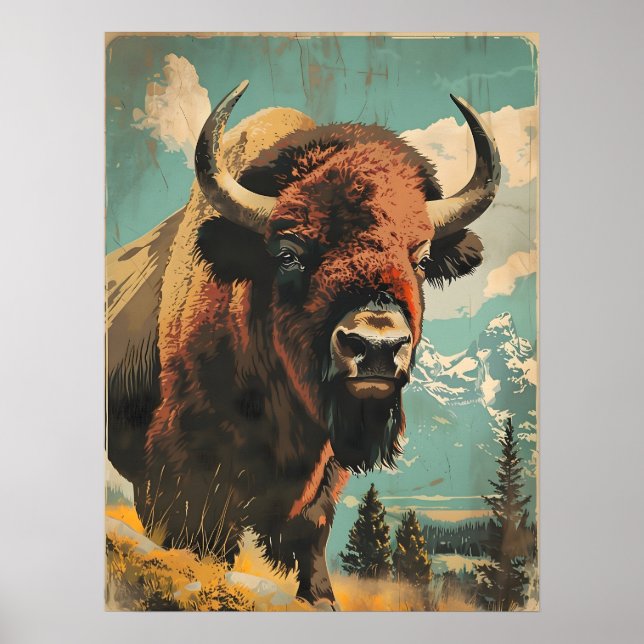 Vintage Bison Illustration Poster (Front)
