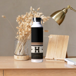 Vintage Bistro Tile Black and Gold Monogram Water Bottle