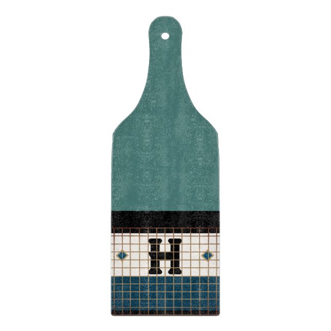 Vintage Bistro Tile Turquoise Monogram Cutting Board (Front)