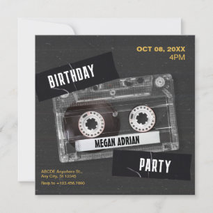 Vintage black 80's music casette aesthetic invitation