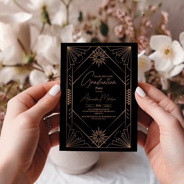 Vintage Black and Gold Art Deco Graduation Invitation (Creator Uploaded)