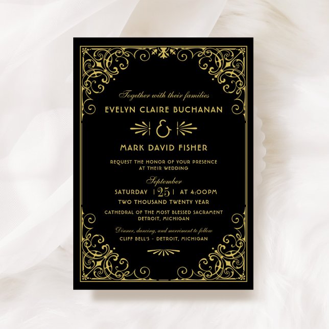 Vintage Black and Gold Art Deco Wedding Invitation (Creator Uploaded)