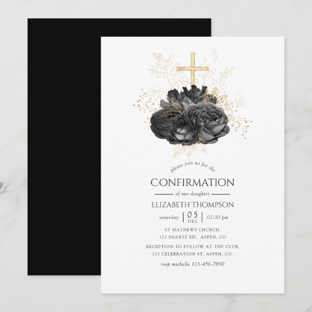 Vintage Black and Gold Floral Confirmation Invitation (Front/Back)