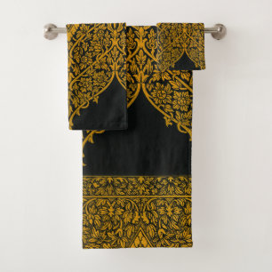 Vintage Black and Gold Indian Floral Pattern Bath Towel Set
