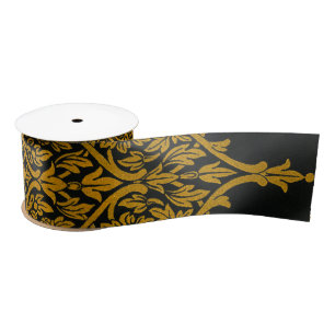 Vintage Black and Gold Indian Floral Pattern Satin Ribbon