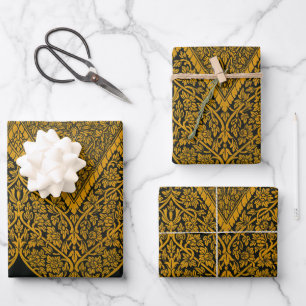 Vintage Black and Gold Indian Floral Pattern Wrapping Paper Sheet