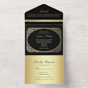 Vintage Black and Gold Wedding All In One Invitation